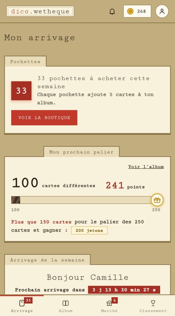 Écran Arrivage du thème dico quand toutes les pochettes sont ouvertes : compte à rebours rouge