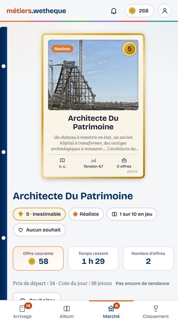 Enchère en cours sur une carte de métier de rang 5 : offre courante, temps restant